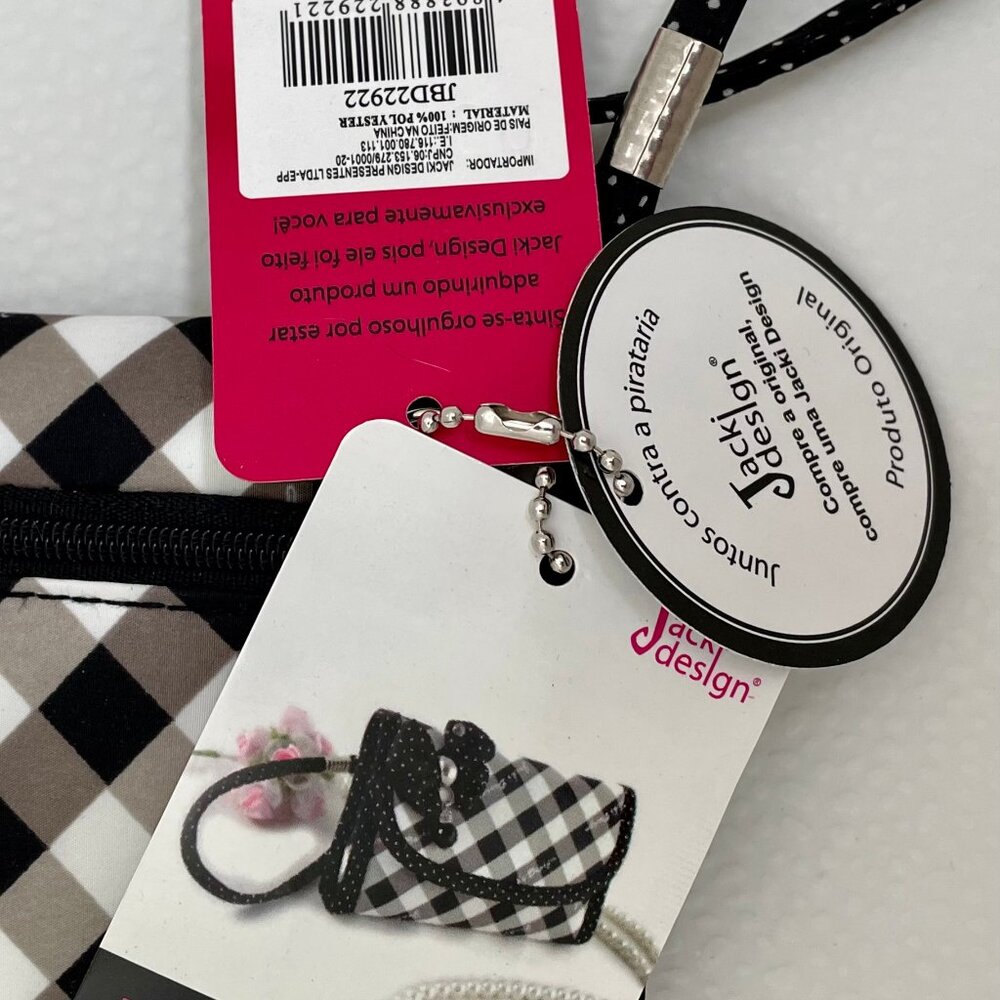 NWT JACKI DESIGN WRISTLET FLAPTOP WALLET COIN MAKEUP BLACK/WHITE BOW W/BEADS - Picture 7 of 11